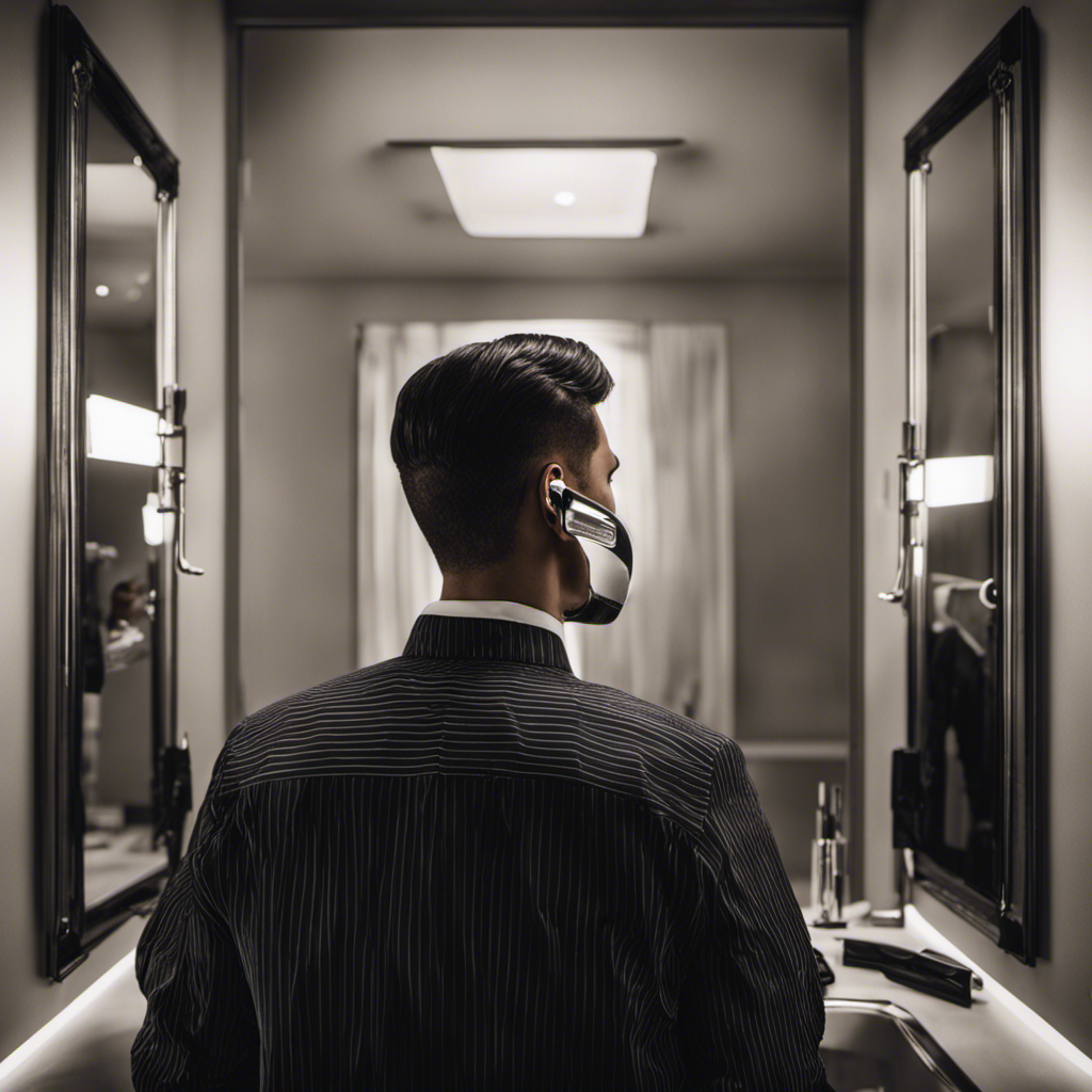An image showcasing a person standing in front of a mirror, holding a razor with one hand, while tilting their head back