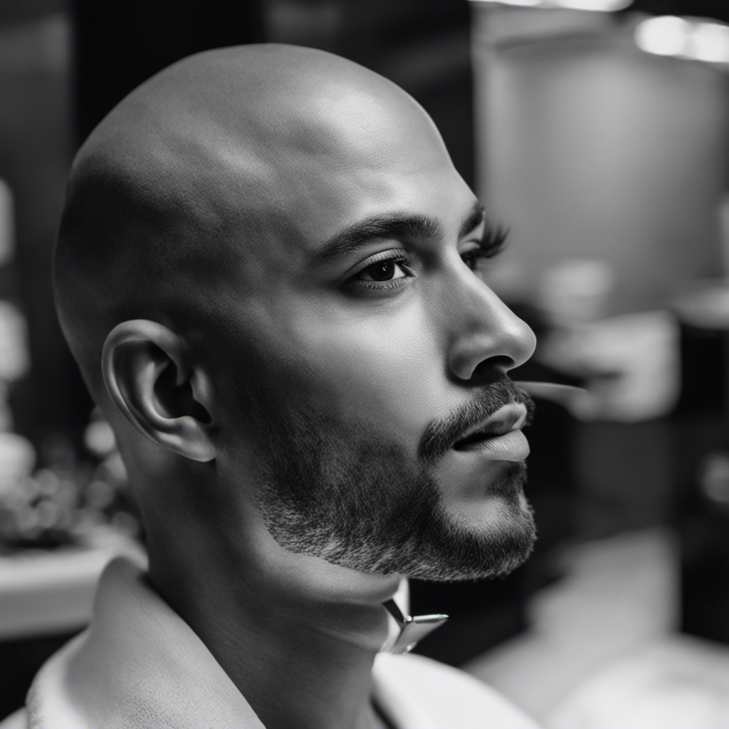 An image of a person with a shaved head, capturing the close-up view of the razor gliding smoothly over the nub, showcasing the precise angles and movements required for a clean and effortless shave