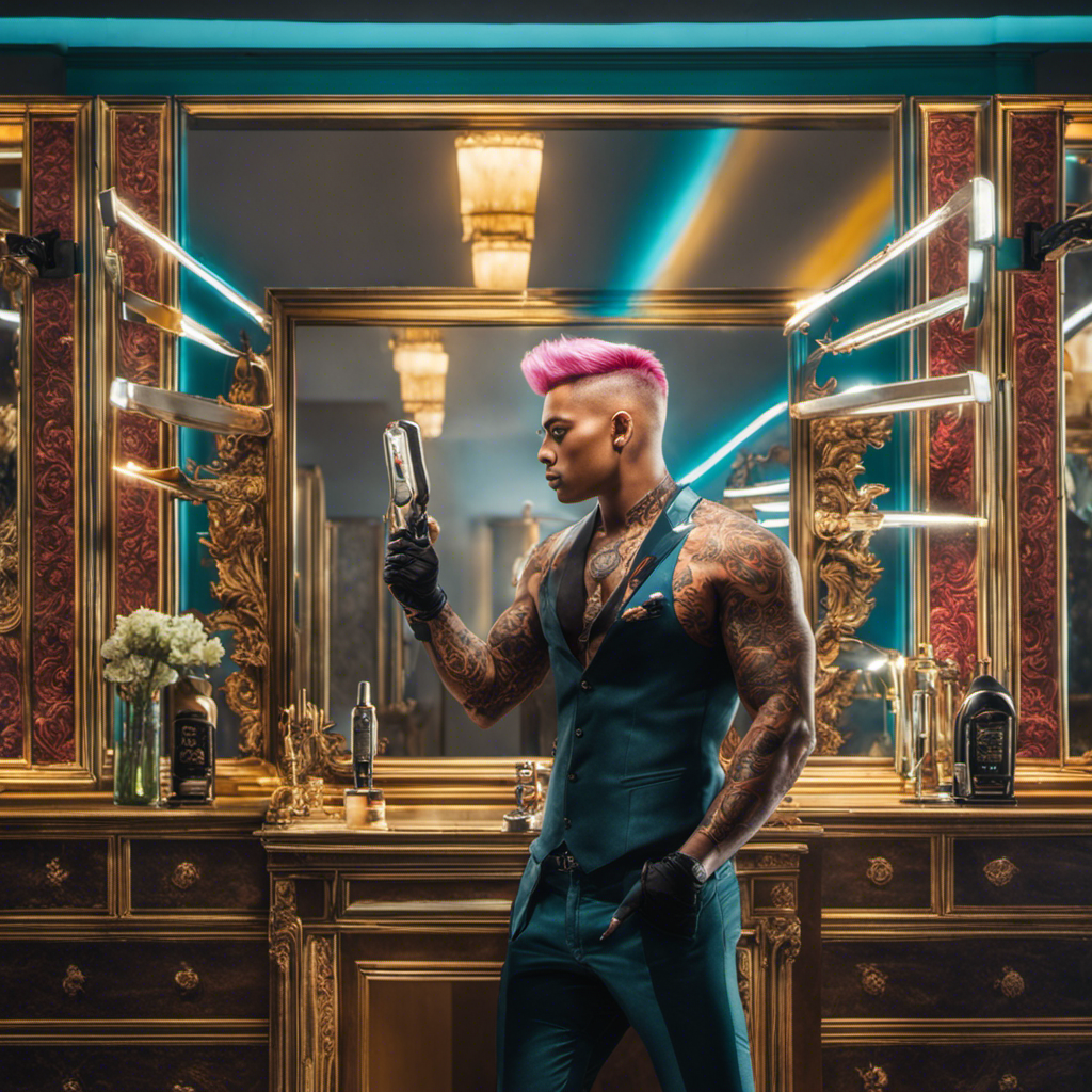 An image that showcases a confident individual standing in front of a large mirror, holding an electric razor, with vibrant, colored hair on one side and the smoothly shaved side reflecting in the mirror