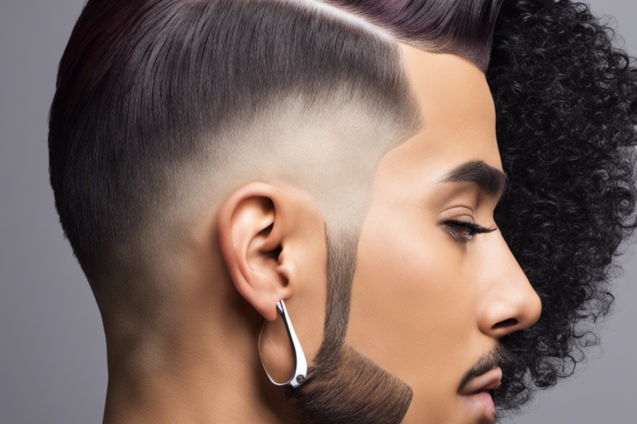 An image showcasing a confident person with a vibrant hairstyle, using clippers to shave their own head's sides