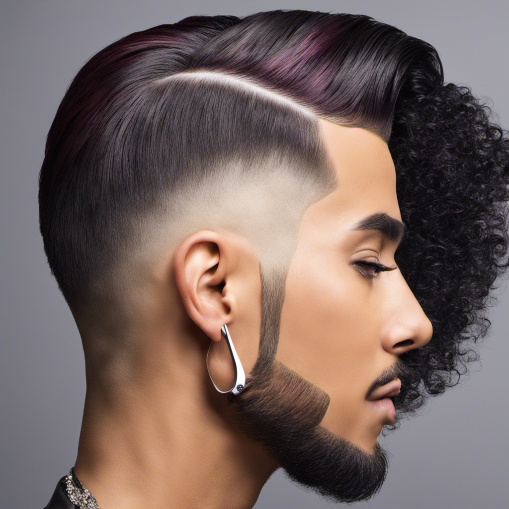 An image showcasing a confident person with a vibrant hairstyle, using clippers to shave their own head's sides