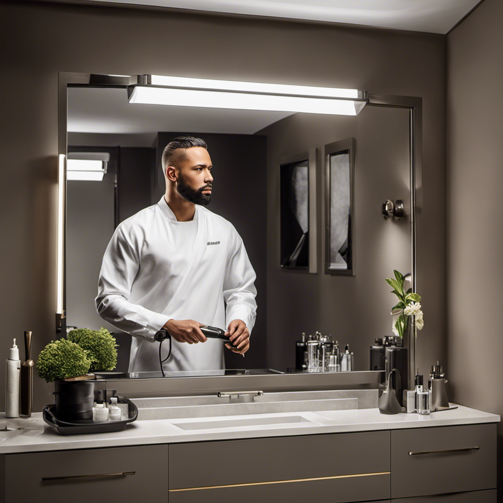 An image capturing an individual standing in front of a well-lit bathroom mirror, confidently wielding a professional electric hair clipper, skillfully trimming the sides of their head with precision and ease