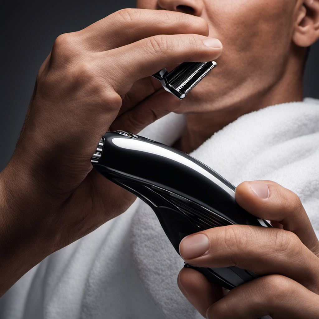 An image showcasing a close-up view of a person's hand holding a brand new, sleek electric razor gliding smoothly over a perfectly smooth and shiny bald head, with tiny hair clippings gently falling on a clean white towel