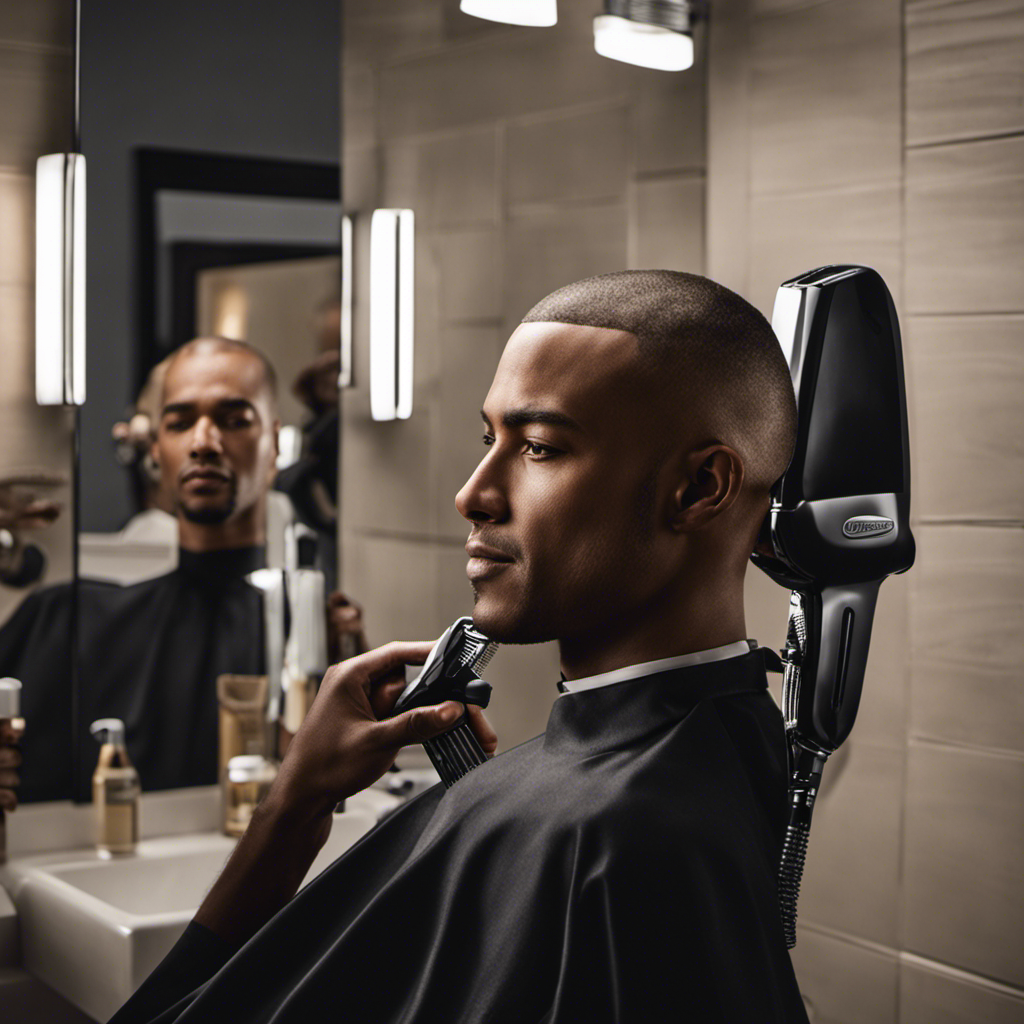An image showcasing a person comfortably seated in a well-lit bathroom, confidently shaving their entire head with clippers