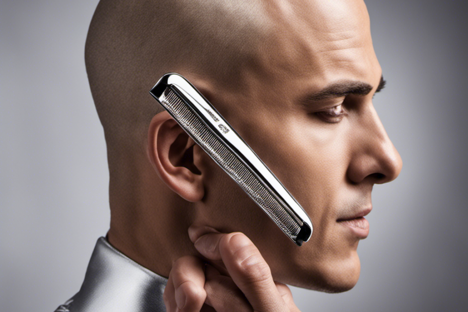 An image showcasing a close-up of a hand holding a sleek, silver razor against a freshly shaven head