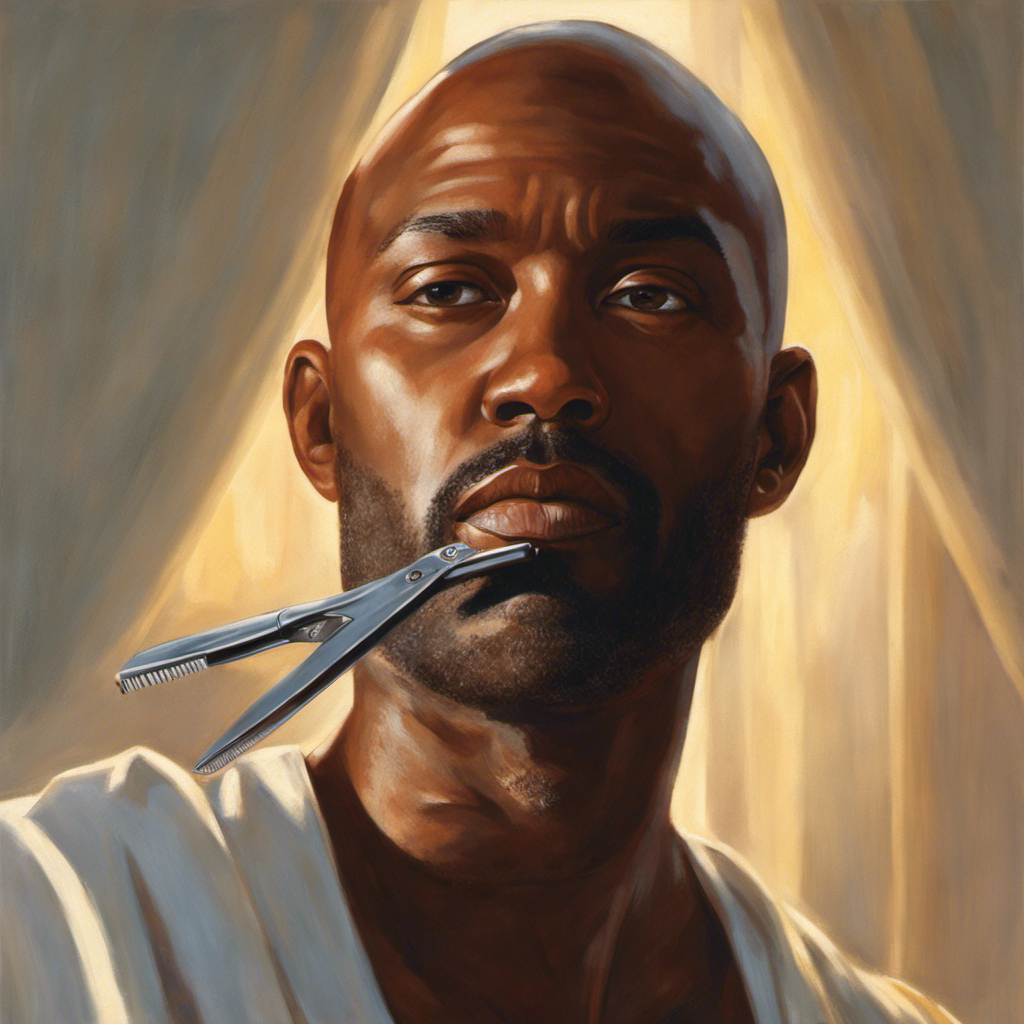 An image that portrays a person with a serene expression, holding a razor in one hand and smoothly gliding it over their bald head, with gentle sunlight illuminating the room