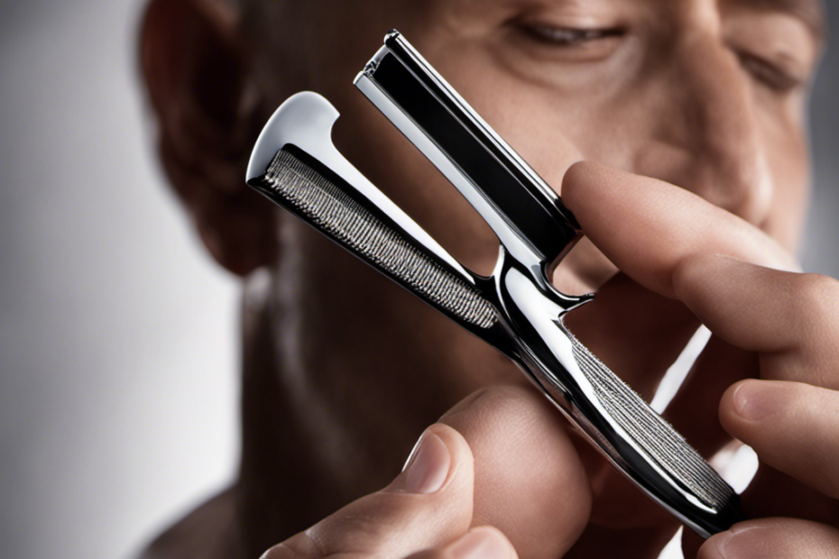 An image: A close-up view of a hand holding a sleek, silver razor against a freshly shaven head, with smooth skin reflecting the gentle glow of sunlight, showcasing the art of head shaving