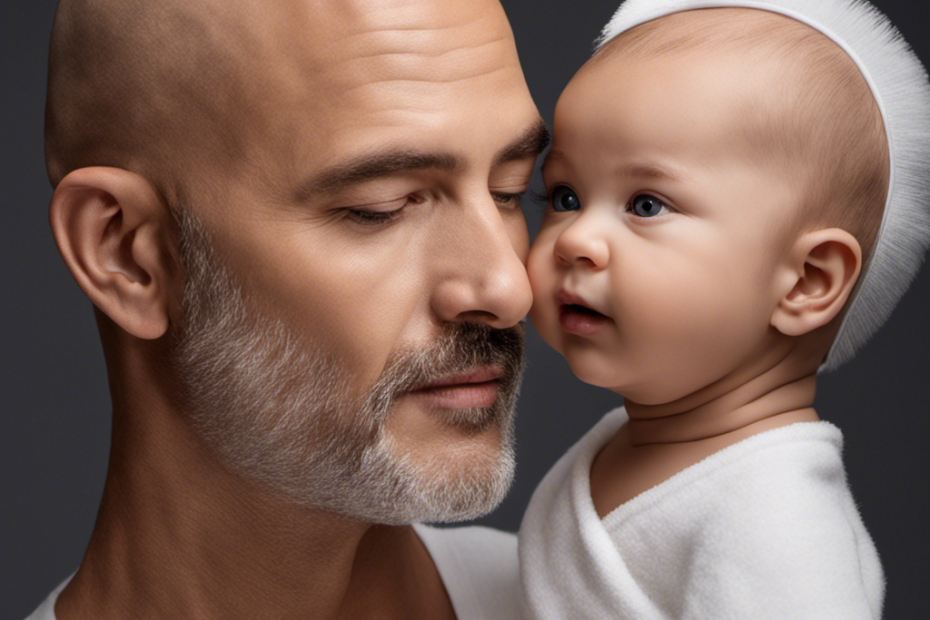An image capturing a parent delicately holding a soft, foam-covered baby head, while a gleaming, silver razor glides effortlessly across the smooth skin, revealing a perfectly bald head