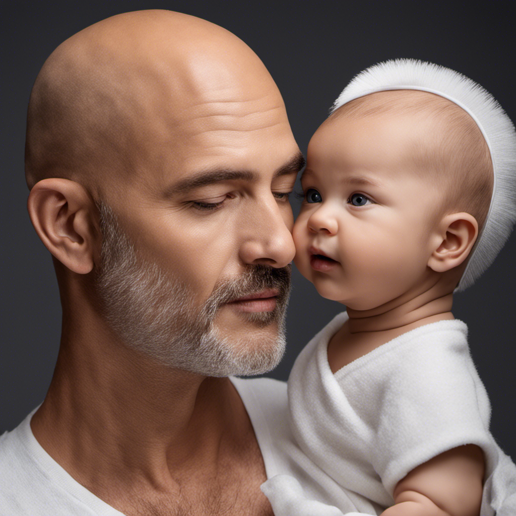 An image capturing a parent delicately holding a soft, foam-covered baby head, while a gleaming, silver razor glides effortlessly across the smooth skin, revealing a perfectly bald head
