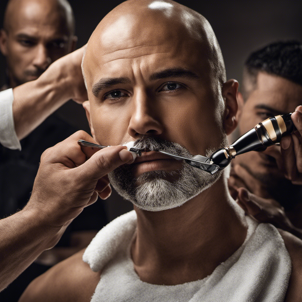 An image that showcases a man confidently shaving his face with a sharp razor, while in the background another man gently applies moisturizer to his freshly shaved head, emphasizing the importance of proper grooming techniques