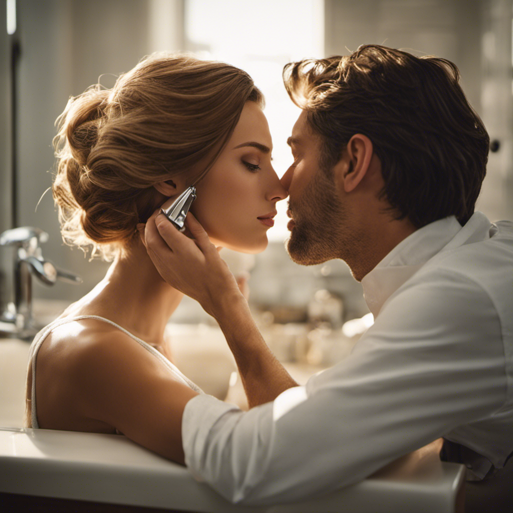 An image: A loving couple, bathed in soft morning light, lean over a bathroom sink
