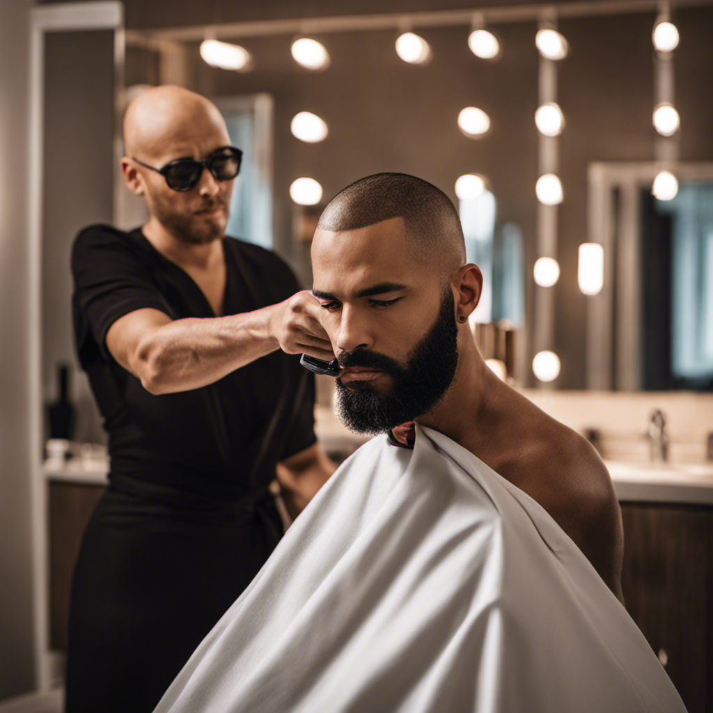 An image showcasing a person confidently shaving their head with a modern electric razor