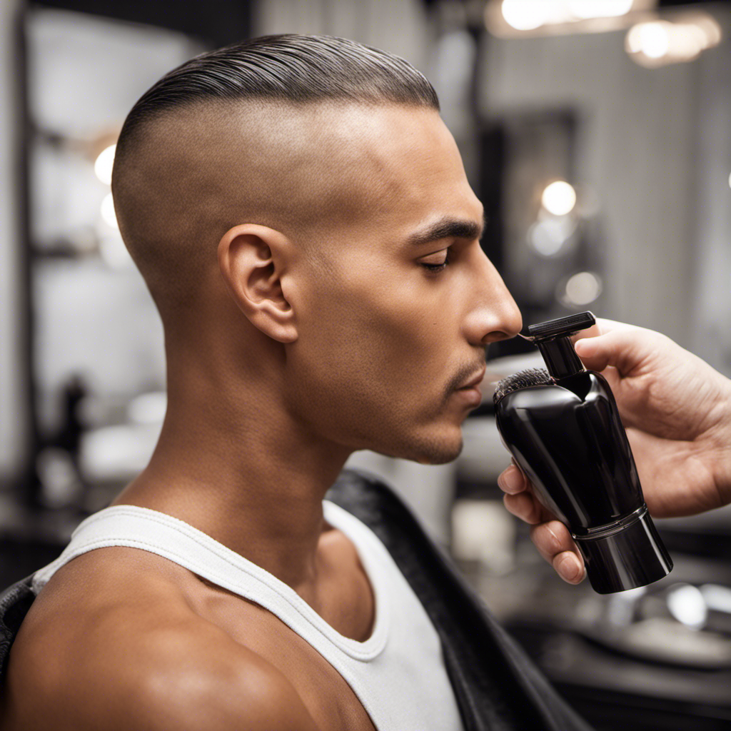 An image showcasing a person shaving their head with a sharp, stainless steel razor, gently gliding over smooth, lathered skin