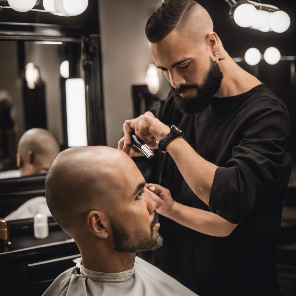 An image capturing the step-by-step process of shaving your head at home: a person standing in front of a mirror, clippers in hand, hair falling to the ground, with a confident expression