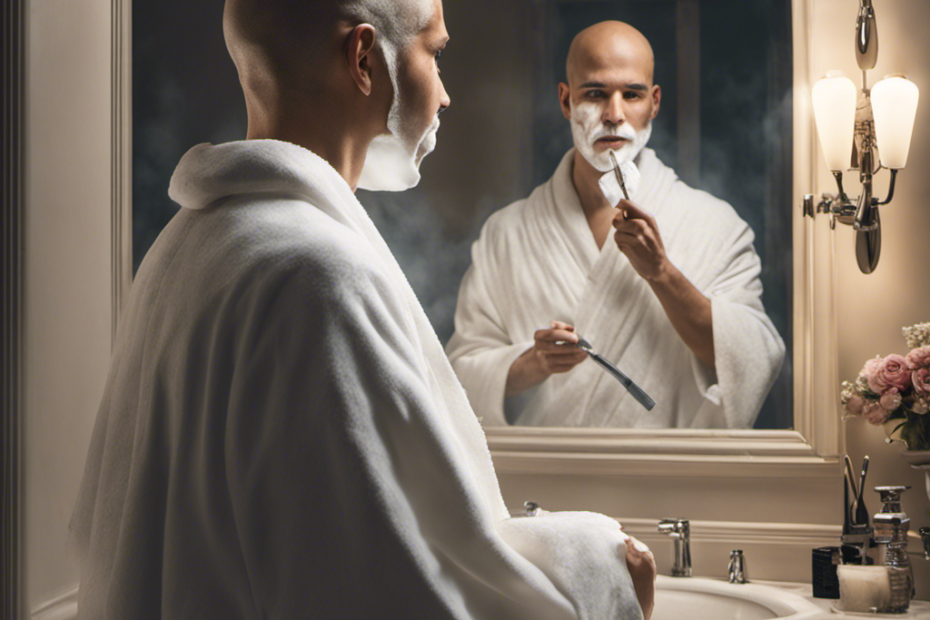 An image depicting a serene bathroom scene: a person with a nervous smile, holding a razor, standing in front of a foggy mirror