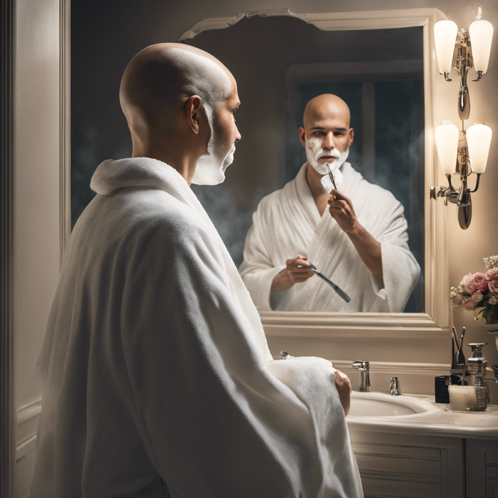 An image depicting a serene bathroom scene: a person with a nervous smile, holding a razor, standing in front of a foggy mirror