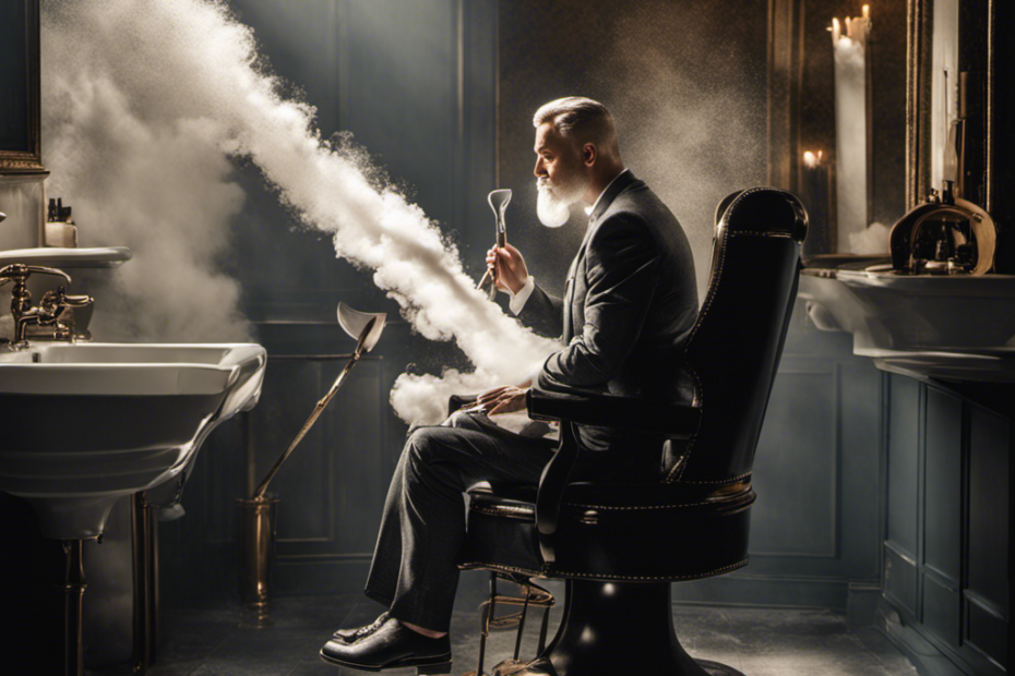 An image of a person sitting on a chair in a well-lit bathroom, confidently holding a gleaming straight razor against their scalp, with a cloud of shaving cream surrounding them and perfectly trimmed hair falling to the ground
