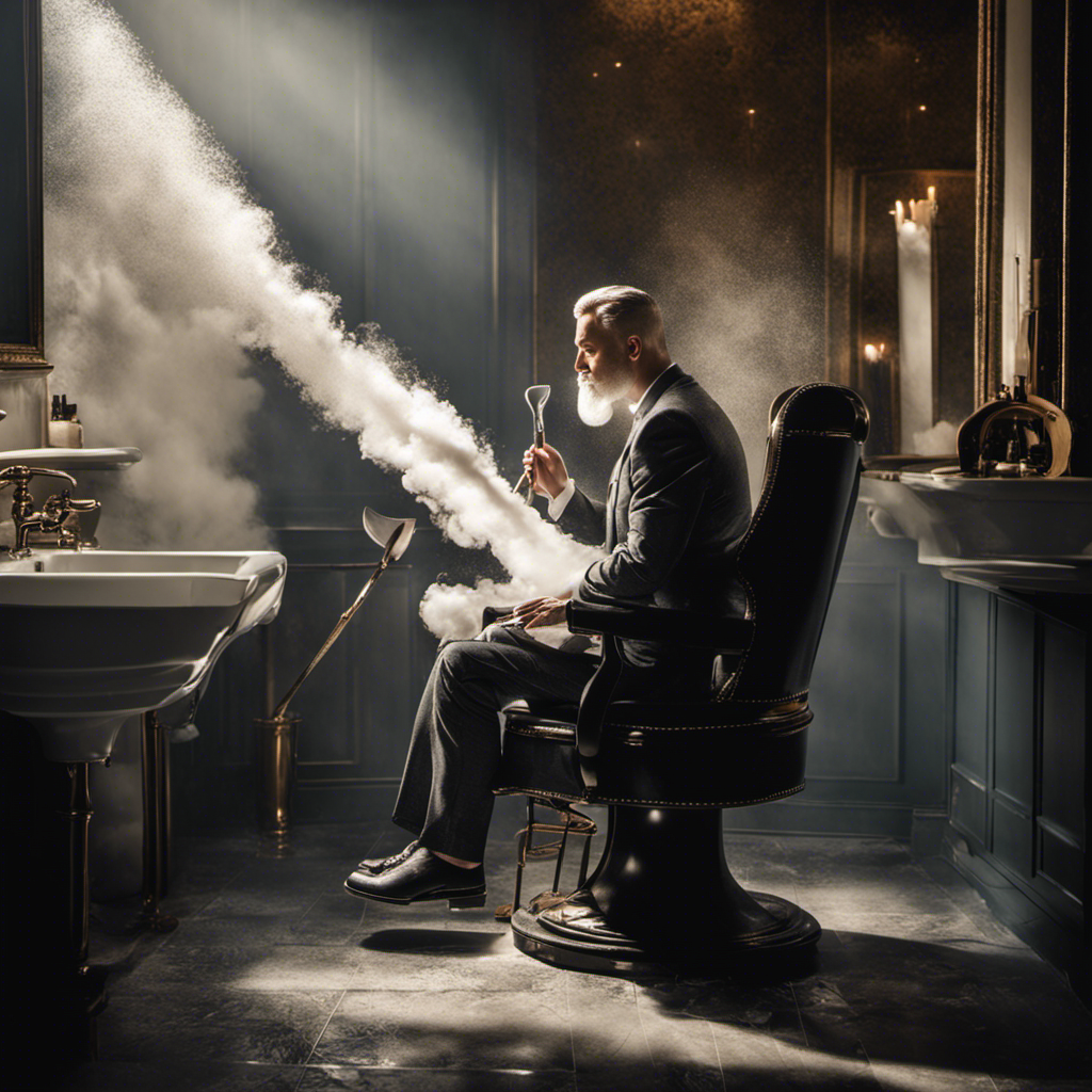 An image of a person sitting on a chair in a well-lit bathroom, confidently holding a gleaming straight razor against their scalp, with a cloud of shaving cream surrounding them and perfectly trimmed hair falling to the ground