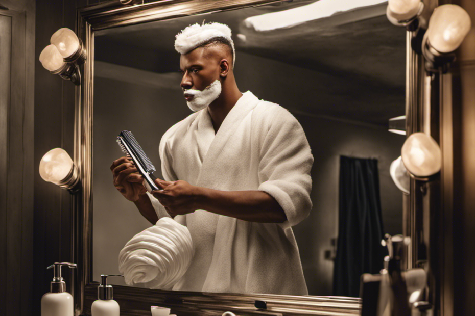 An image of a person standing in front of a bathroom mirror, holding a razor in one hand and a shaving cream in the other