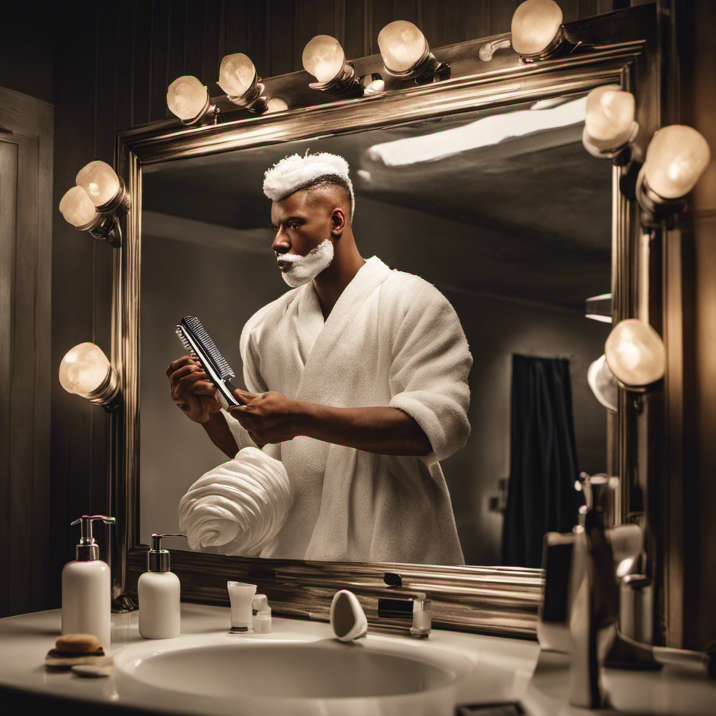 An image of a person standing in front of a bathroom mirror, holding a razor in one hand and a shaving cream in the other