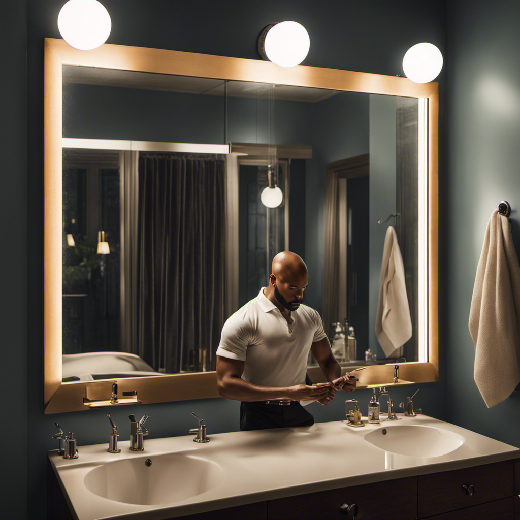An image that showcases a person confidently standing in front of a well-lit bathroom mirror, razor in hand, while smoothly gliding it across their freshly shaved head