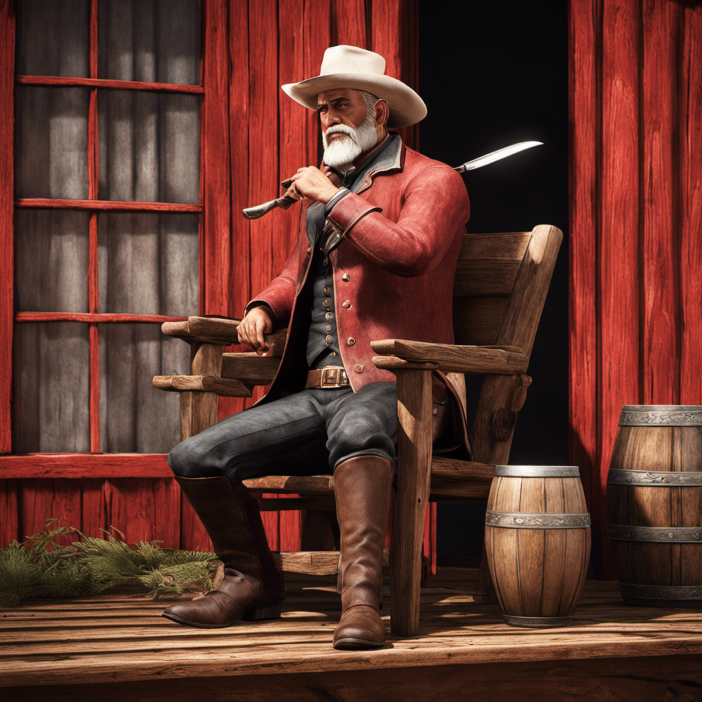 An image showcasing a cowboy character in Red Dead Redemption 2, sitting at a rustic wooden chair, meticulously shaving his head with a straight razor, using an old-fashioned porcelain bowl filled with water and a brush