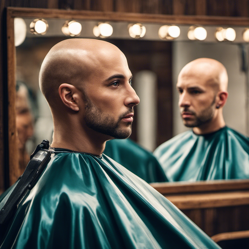 An image showcasing a mirror reflection of a confident person, wearing a barber's cape, using an electric razor to gracefully shave their head, emulating Britney Spears' iconic bald look