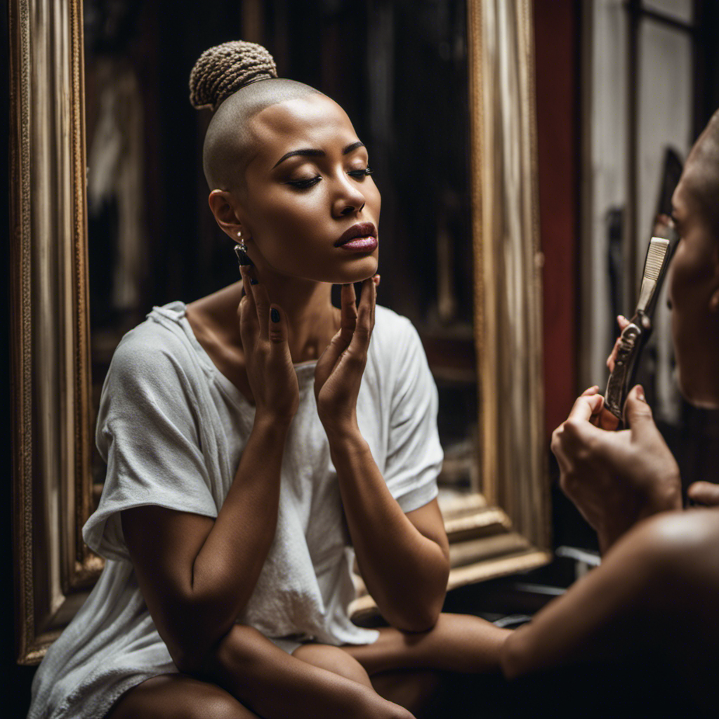 An evocative image capturing vulnerability and empowerment: A young woman, tears streaming down her face, sits before a mirror