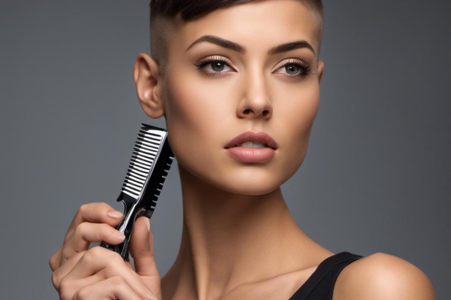 An image showcasing a confident girl with a razor in hand, skillfully shaving her head on one side