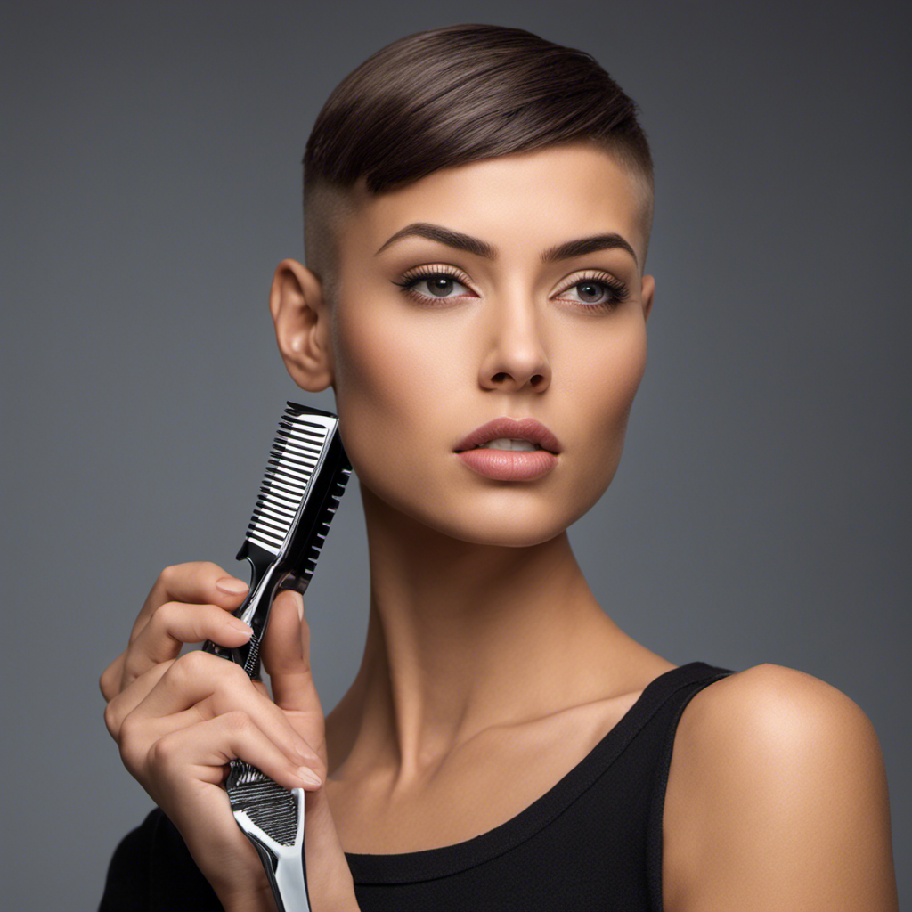 An image showcasing a confident girl with a razor in hand, skillfully shaving her head on one side