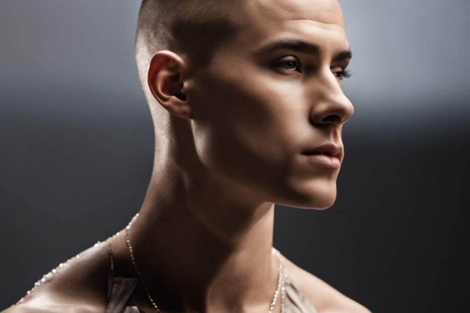 An image capturing the close-up of a perfectly shaved head, showcasing the smoothness by highlighting the reflection of light on the scalp, with tiny glistening droplets of water lingering on the freshly shaved skin