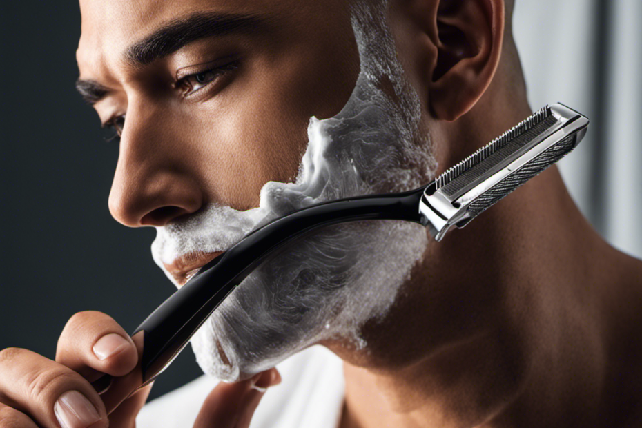 An image showcasing a close-up of a person confidently shaving their head with a sleek, stainless steel razor