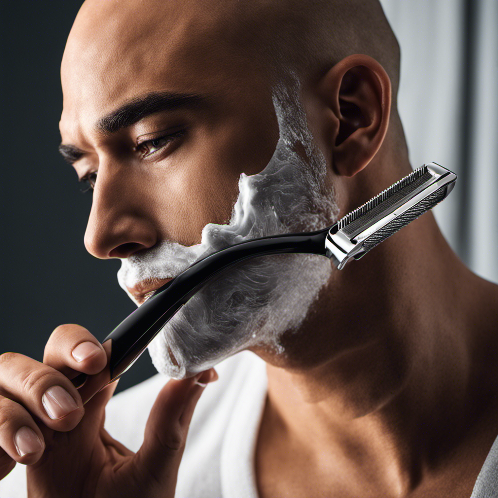 An image showcasing a close-up of a person confidently shaving their head with a sleek, stainless steel razor