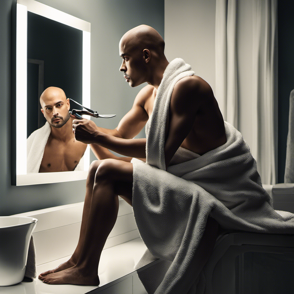 An image of a person sitting in front of a mirror, holding a razor in one hand and a towel draped over their shoulders