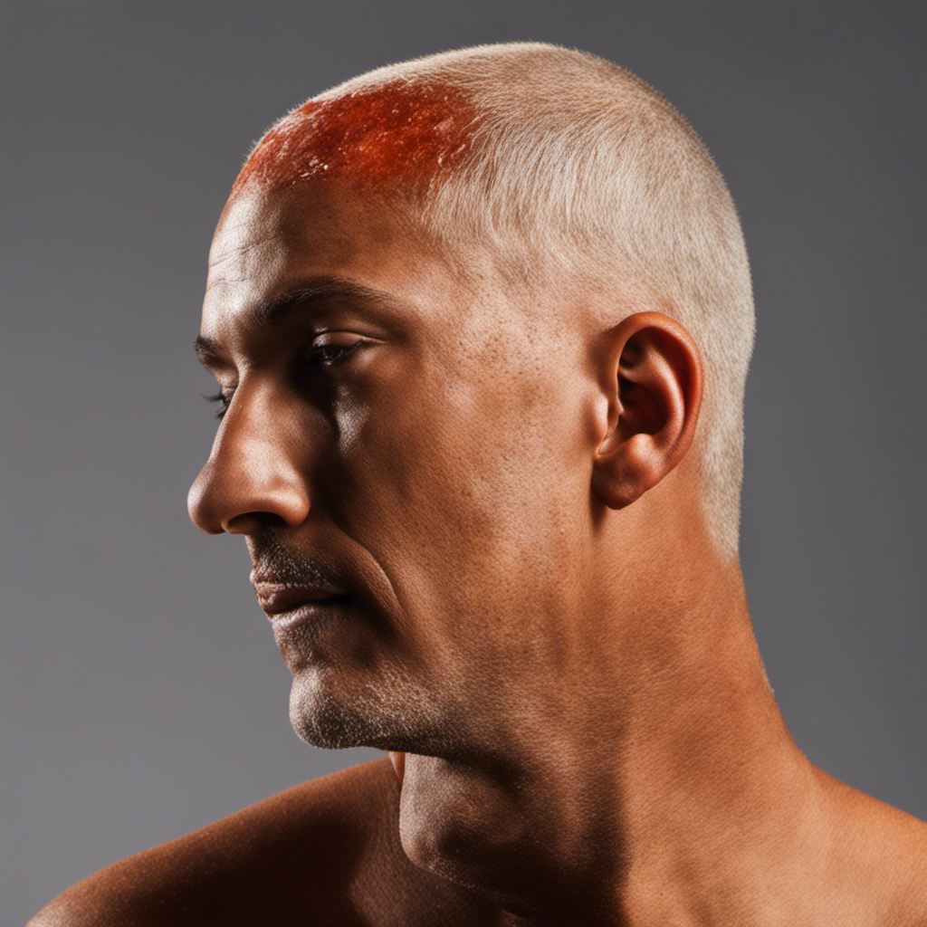 An image showcasing a close-up of a sunburnt scalp with visible peeling skin and redness, contrasted with a razor gliding smoothly over the head, capturing the process of shaving a sunburnt head