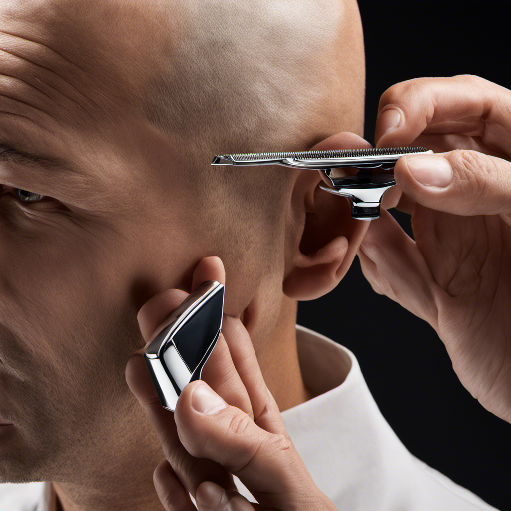 An image depicting a close-up of a hand using a Microtouch razor to shave a head, showcasing the razor gliding smoothly over the scalp, with fine hair clippings gently falling, capturing the precision and ease of the process