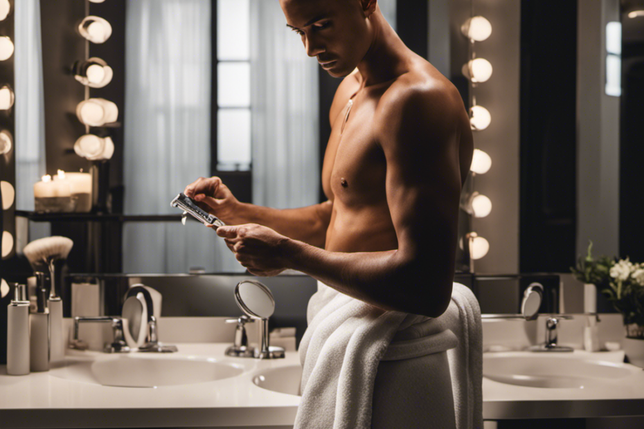An image showcasing a clean, well-lit bathroom with a razor blade resting on a towel
