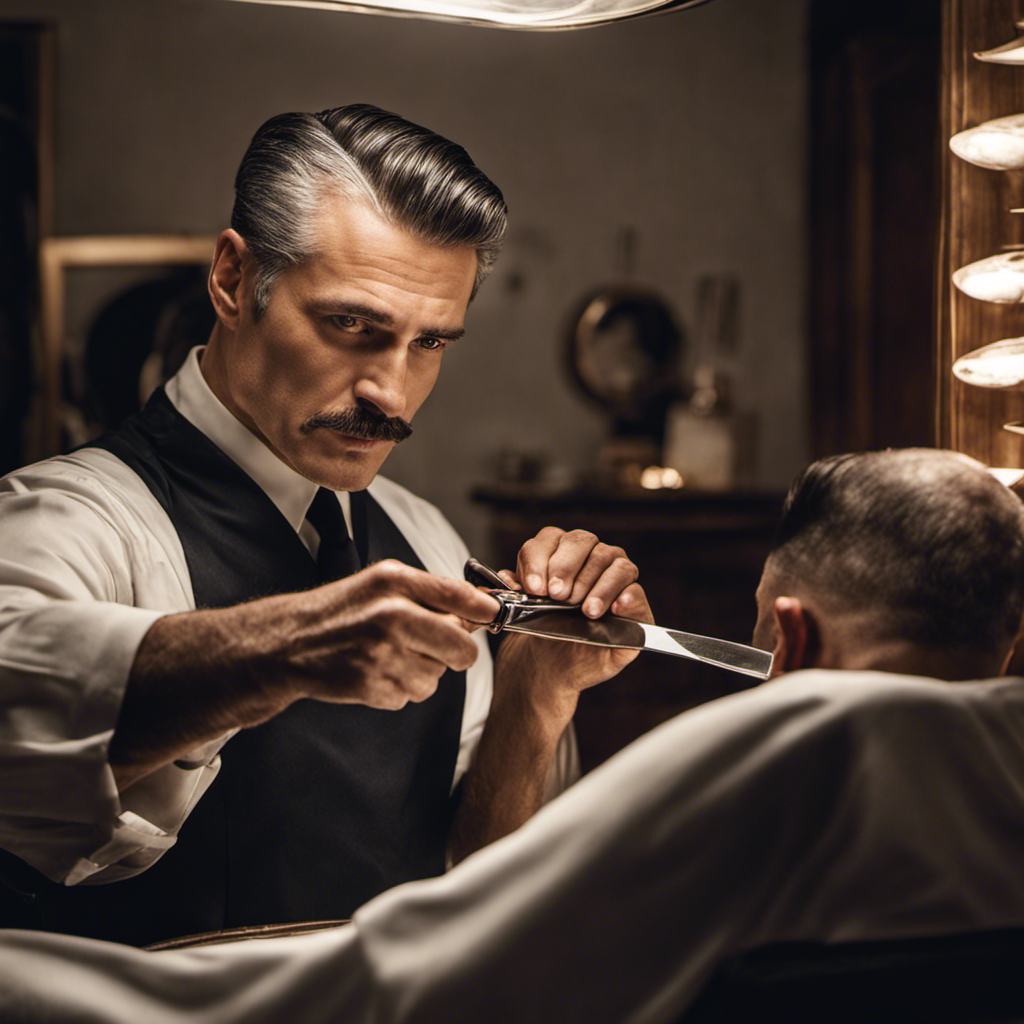 An image capturing a close-up view of a man's hand, skillfully maneuvering a gleaming, vintage straight razor against a clean-shaven scalp