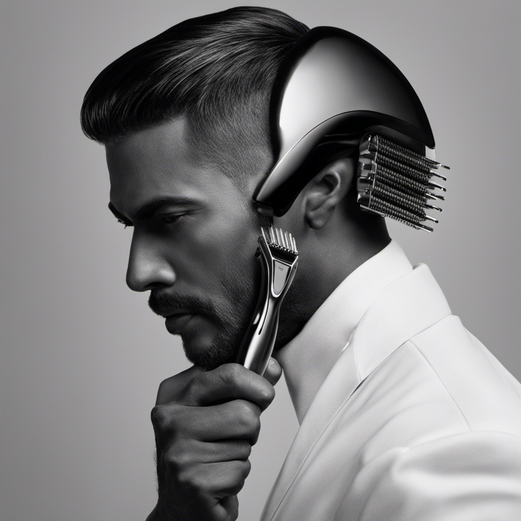 An image showcasing a man confidently holding an electric razor, gliding it smoothly across his perfectly shaved head