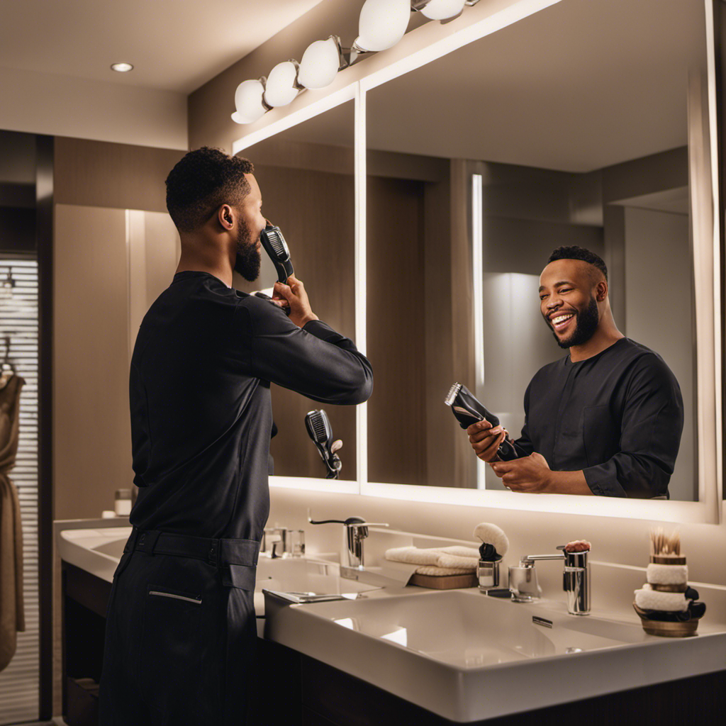 An image showcasing a person with a confident smile, holding an electric clipper, standing in front of a well-lit bathroom mirror
