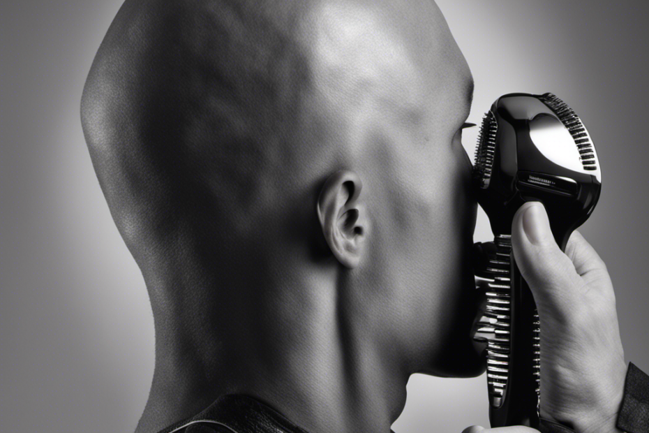 An image showcasing a person with a bald head, holding an electric razor in one hand, while the other hand gently glides the razor across their scalp