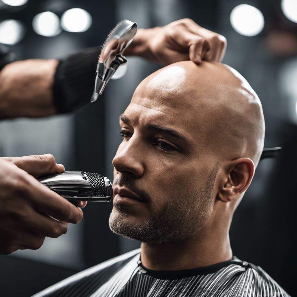 An image showcasing a close-up of a bald head being gently shaved with hair clippers