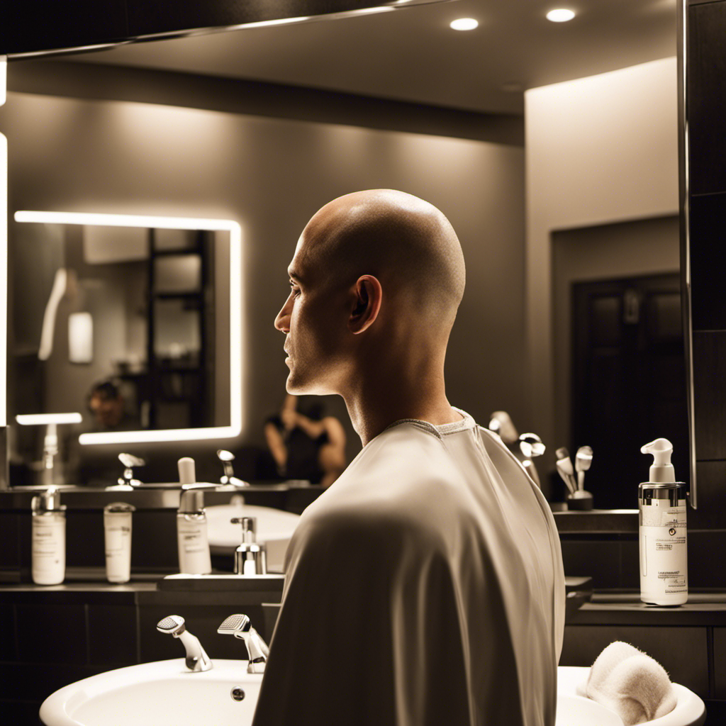 An image showcasing a person in a well-lit bathroom, confidently holding an electric razor while standing in front of a large mirror