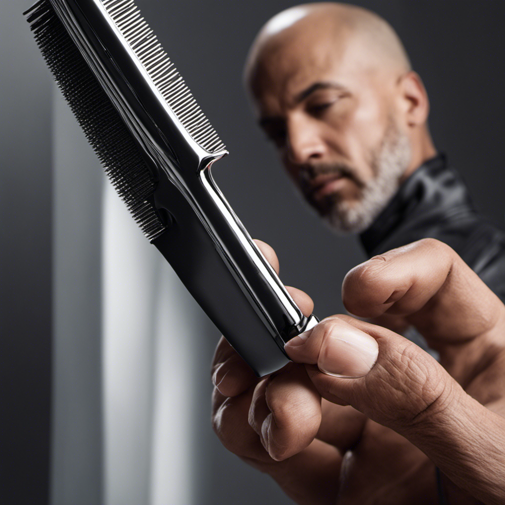 -up image of a hand holding a sleek, silver razor gliding smoothly over a bald head, capturing the precise moment when freshly shaved hair falls gently to the ground, revealing a smooth and clean scalp