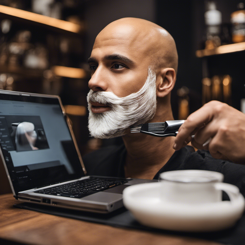 An image showcasing a close-up shot of a person confidently shaving their head with a YouTube video playing on a laptop nearby, demonstrating step-by-step instructions on head shaving