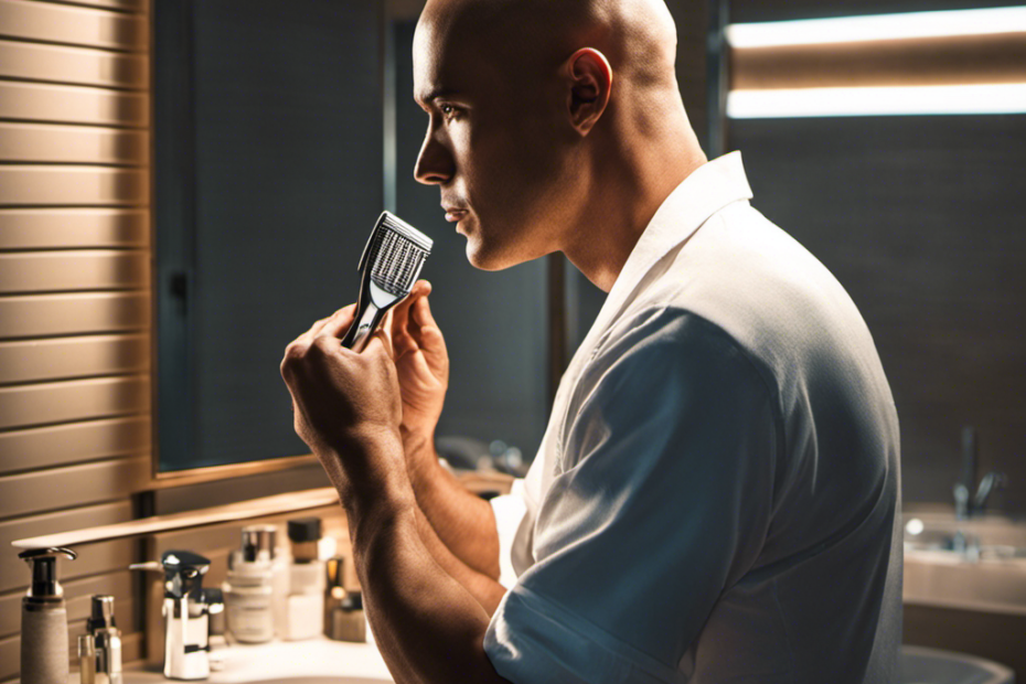 An image showcasing a man confidently holding a razor, his clean-shaven head glistening under the soft glow of bathroom light