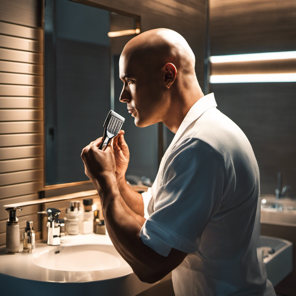 An image showcasing a man confidently holding a razor, his clean-shaven head glistening under the soft glow of bathroom light