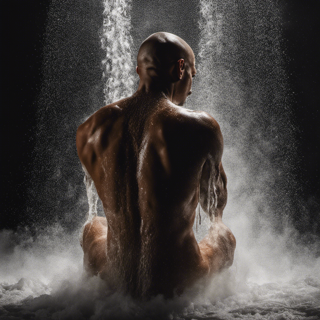 An image capturing a person standing in a steam-filled shower, water cascading from above, as they confidently shave their head with a gleaming razor, capturing the precise movement and reflection