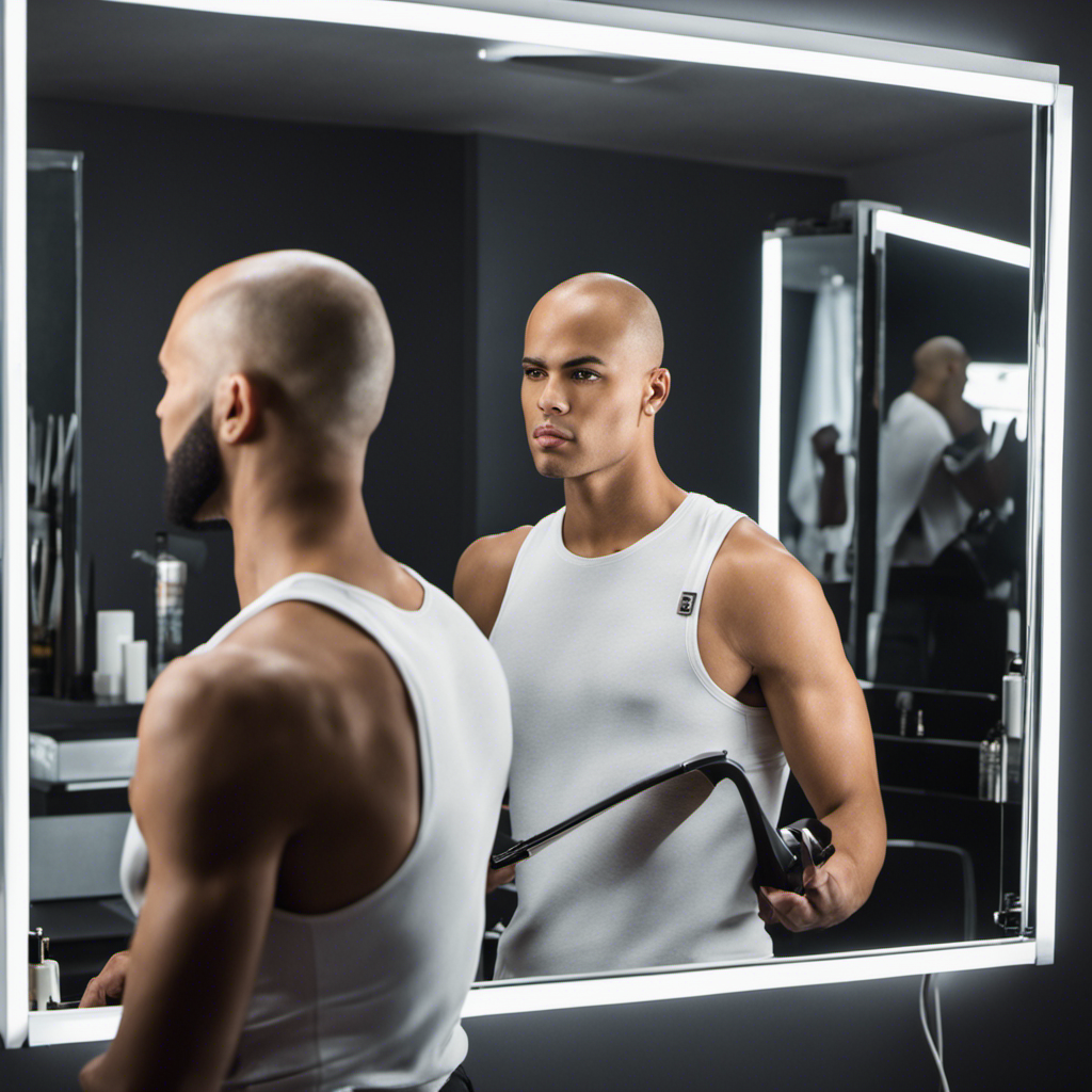 An image displaying a person standing in front of a mirror, holding clippers, with their head partially shaved