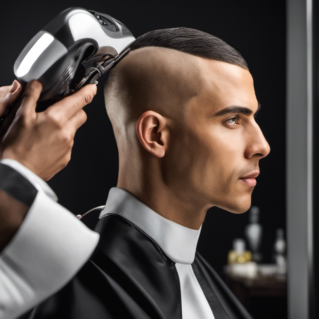 An image showcasing a person with a confident expression, using electric clippers to precisely shave their head